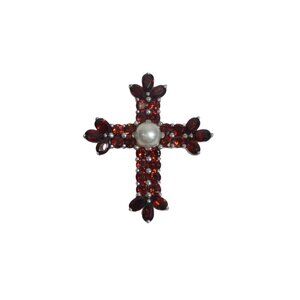 Bedazzled Garnet and Pearl Cross Pendant